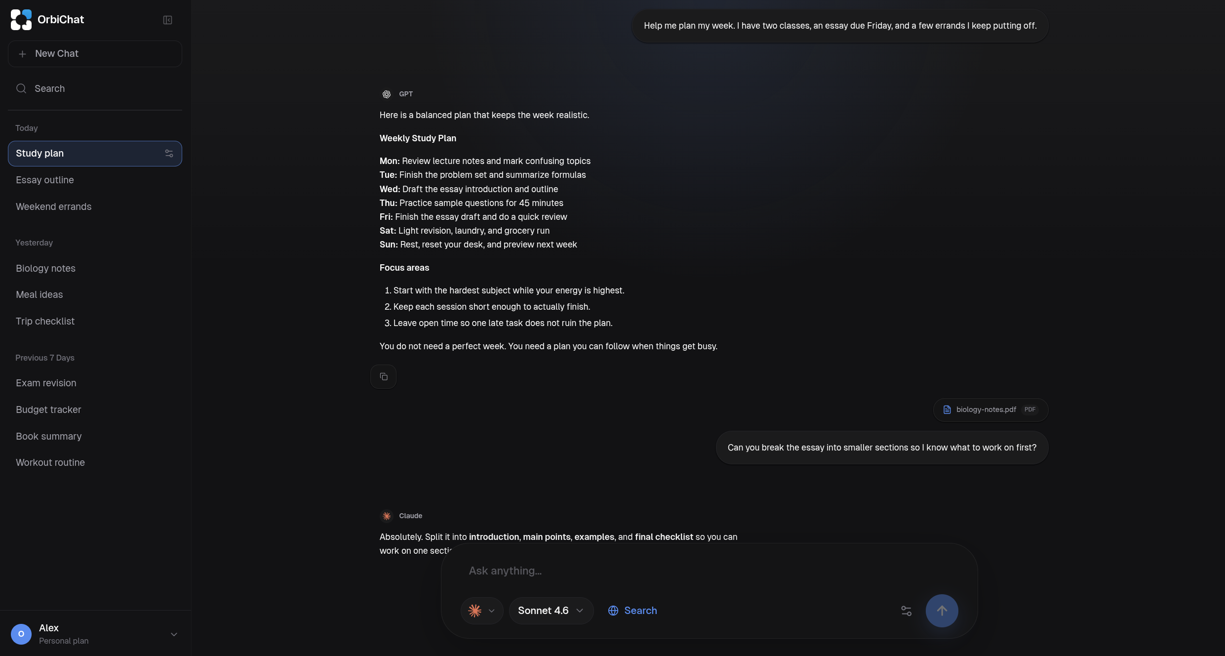 OrbiChat product screenshot showing the chat workspace